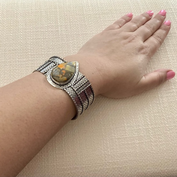 Copper Bumble Bee Jasper Silver Handmade Bangle Cuff - Picture 1 of 10